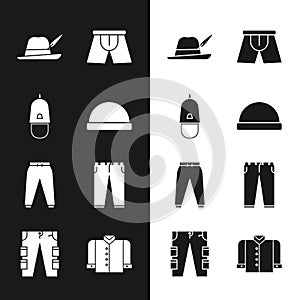Set Beanie hat, Police cap with cockade, Oktoberfest, Men underpants, Sport, Pants, T-shirt and Cargo icon. Vector