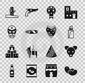 Set Beans, Dog, Burrito, Mexican skull, Cigar, wrestler, Cactus and Poncho icon. Vector