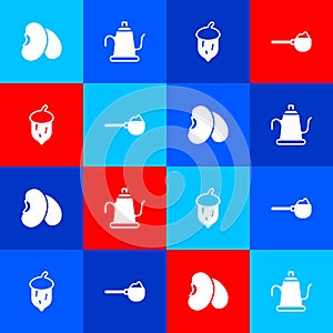 Set Beans, Watering can, Acorn, oak nut, seed and Measuring cup with flour icon. Vector