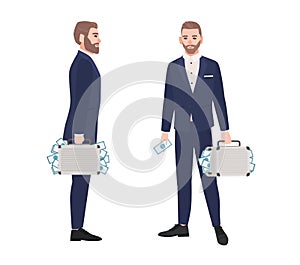 Set of bearded man dressed in smart suit holding briefcase full of money. Wealthy person, rich businessman, millionaire