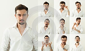 Set of bearded man expressions on grey background. Young man with multiple face expressions