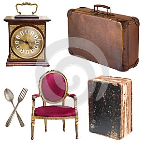 Set of beautiful antique items, picture frames, furniture, silverware. Retro. Vintage. Isolated on white background