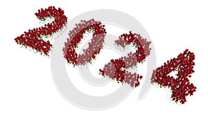 Set of beautiful blooming red roses bouquets forming the year 2024. 3d illustration metaphor for hope