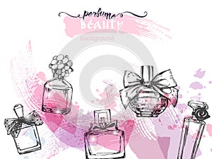 A set of beautiful bottles of perfume. Women`s perfume. Vector watercolor. Elements for design.Template Vector