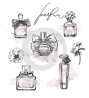 A set of beautiful bottles of perfume. Women`s perfume. Vector watercolor. Elements for design.Template Vector