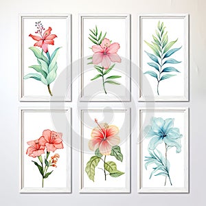 Set of beautiful canvases adorned with colored pastel flowers in elegant frames