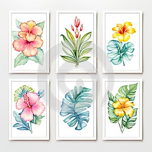 Set of beautiful canvases adorned with colored pastel flowers in elegant frames