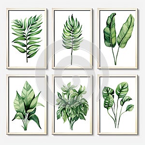 Set of beautiful canvases adorned with colored pastel leaves in elegant frames