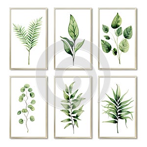 Set of beautiful canvases adorned with colored pastel leaves in elegant frames