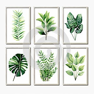 Set of beautiful canvases adorned with colored pastel leaves in elegant frames