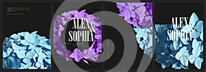 Set of beautiful card, cover, wedding invitation template with realistic colorful hydrangea flower