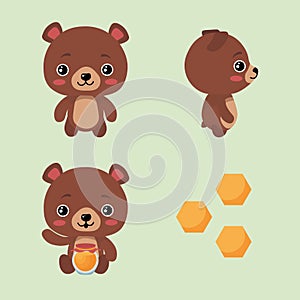 Set of beautiful character bears on green background. Vector illustration charming animals in different poses front and side view