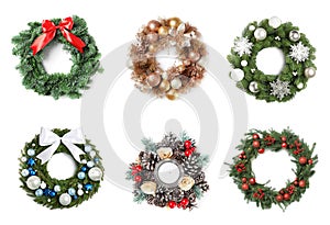 Set with beautiful Christmas wreaths on white background, banner design photo