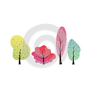 Set of beautiful colorful doodle trees. Gradient illustration of a park