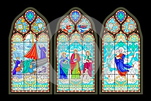 Set of beautiful colorful medieval stained glass windows. Gothic architectural style. Illustrations of Holy Apostles. Architecture