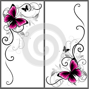 Set of beautiful corners with butterfly and decorative lines. Vector ornament for page decor. Floral frame elements