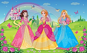 Set  beautiful elf princesses. Children`s background with castle, rainbow and fabulous flower meadow. Wallpaper for girl. Vector.