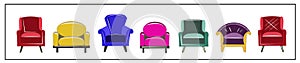 A set of beautiful fashionable bright red, scarlet, pink, yellow, green, blue velvet armchairs. Vector isolated image on a white o