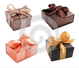 Set with beautiful gift boxes on white background