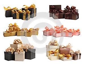 Set with beautiful gift boxes on white background