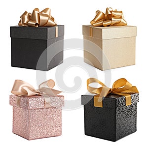 Set with beautiful gift boxes on white background