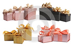 Set with beautiful gift boxes on white background