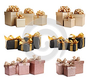 Set with beautiful gift boxes on white background