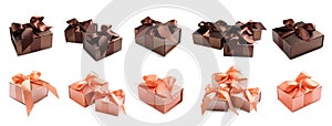 Set with beautiful gift boxes on white background. Banner design