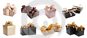 Set with beautiful gift boxes on white background. Banner design