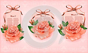 Set of beautiful gift cards with pastel roses and