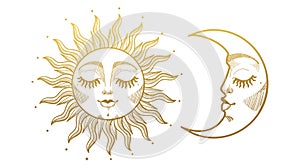 Set of beautiful golden mystical elements in boho style, sun and crescent moon with face. Design elements, tattoos, stickers.