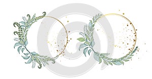A set of beautiful golden wedding frames decorated with green forest leaves of herbs and plants. Flat vector art