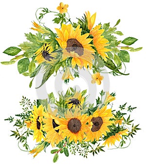 Set of 2 Beautiful hand painted watercolor sunflower bouquets photo