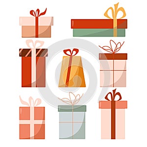 Set of beautiful holiday gift boxes. Vector illustration with a real, gift hand drawn on a white background. Graphic
