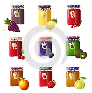 Set of beautiful jars with a different type of jam. Strawberry jam, kiwi, orange, raspberry and others