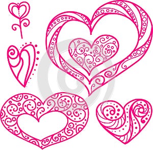 Set of beautiful line art doodle hearts.