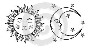 Set of beautiful mystical elements, sun and crescent moon with face vintage style.