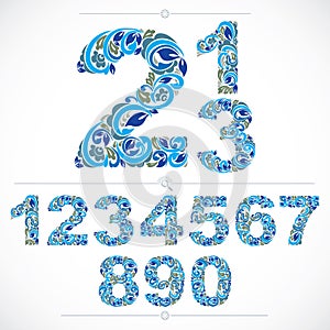 Set of beautiful numbers decorated with blue herbal ornament. Vector numeration made in floral style.