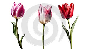 set of beautiful pink red tulips, with stem, gift for Women\'s Day, spring design element, isolated