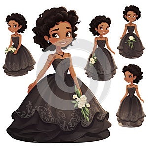 Set of beautiful princesses in black dresses on a white background