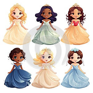 Set of beautiful princesses in luxurious dresses on a white background