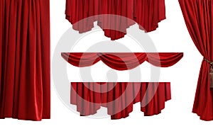 Set with beautiful red curtains on white background