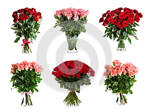 Set with beautiful rose flowers on background