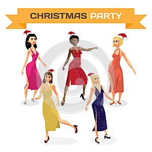 Set of beautiful women dress dancing on night party. Vector