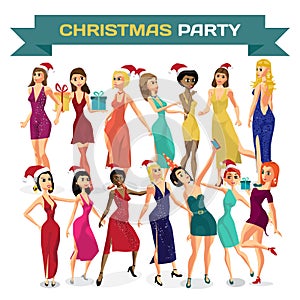 Set of beautiful women dress dancing on night party. Vector