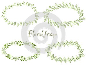 Set of beautiful spring wreath with leaves. Hand drawn doodle floral frames isolated on white background. Vintage floral elements