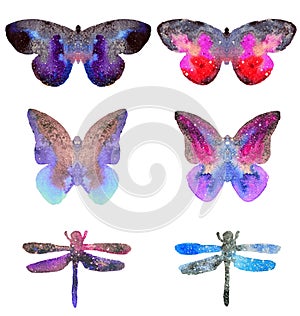 Set with beautiful watercolor butterflies and dragonflies isolated on white background. Colors of space, starry sky