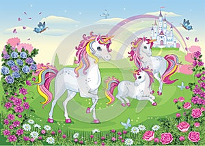 Set of  beautiful white unicorns. Fairytale background with castle, rainbow. Fabulous flower meadow with horse, pony. Wonderland.