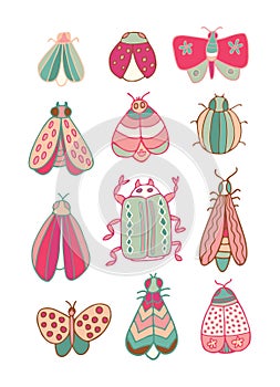 Set of beautiful winged insects, decorated with different ornaments isolated on a white background. All objects are