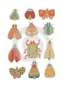 Set of beautiful winged insects, decorated with different ornaments isolated on a white background. All objects are